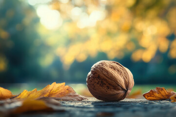 A walnut rests among autumn leaves on a sunlit path, capturing the serene essence of fall with vibrant yellow and orange hues in a blurred background.