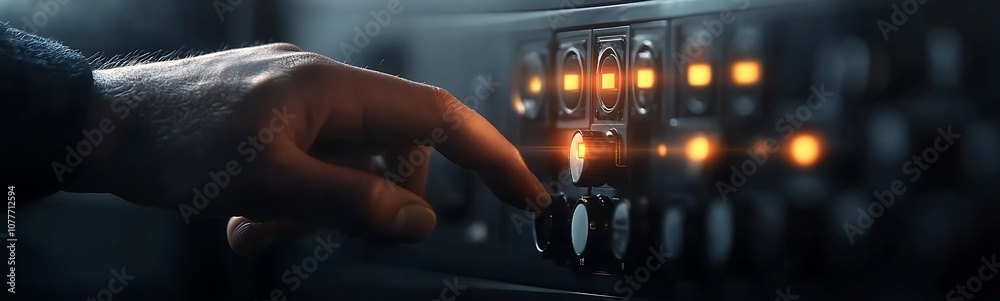 Poster a hand adjusting a control panel, illuminated dials glowing, evoking a sense of technology and preci