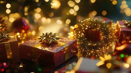 Festive New Year's Gift Scene with Glittering Stars, Beautifully Wrapped Presents, and Twinkling Decorations for a Joyous Celebration