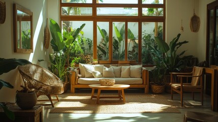 Fototapeta premium A light-filled living room with a comfortable sofa, wicker chairs, and a woven rug, accented by potted plants and a wooden coffee table.