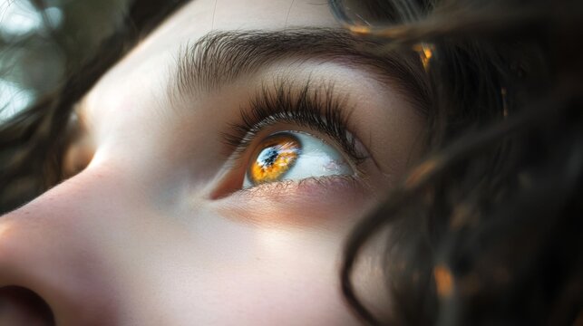 A close-up of a person's eyes focused on a tiny, fuzzy object in the distance, symbolizing myopia
