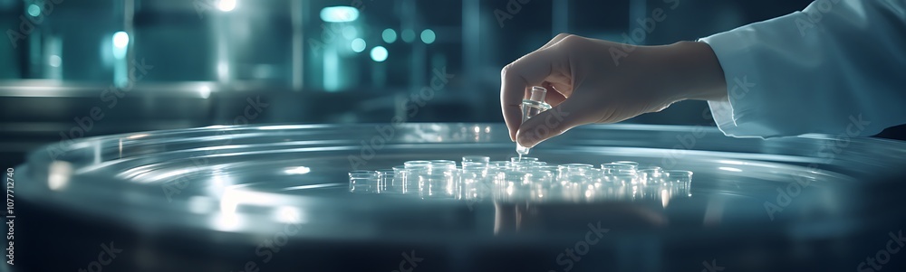 Poster a hand places small objects in a shallow, reflective surface under soft, ambient lighting, suggestin