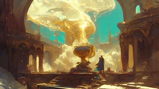 A sudden gust of wind blew away the veil of smoke revealing the genies mystical lamp emanating an eerie enchanted haze.