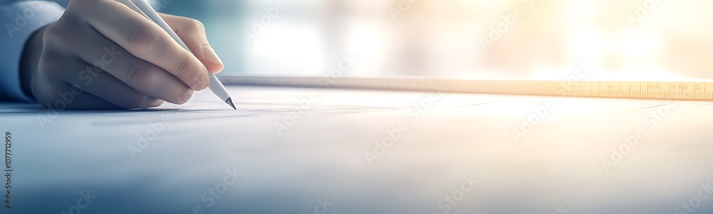 Aufkleber A person is writing or drawing with a pen on a smooth surface, with a soft, blurred background suggesting a bright environment.
