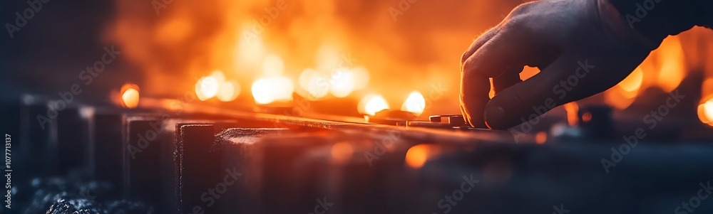 Aufkleber a hand adjusts a control panel surrounded by glowing lights, creating an intense and atmospheric amb