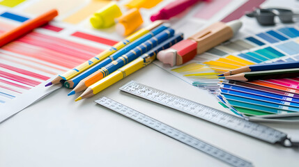 A close-up of a designer's workspace with colored pencils, rulers, and color swatches.