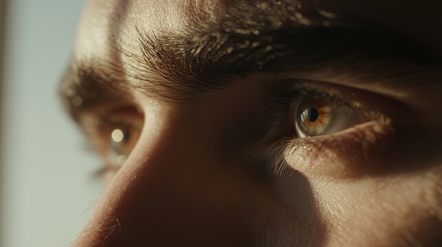 A close-up of a person's eyes focused on a tiny, fuzzy object in the distance, symbolizing myopia
