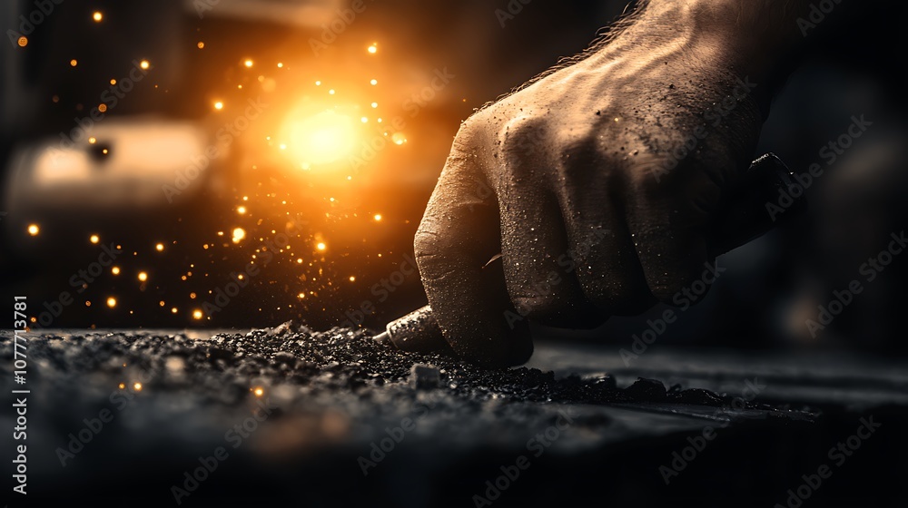 Poster A close-up of a hand working with tools, creating sparks and dust in a dimly lit workshop, emphasizing craftsmanship and focus.