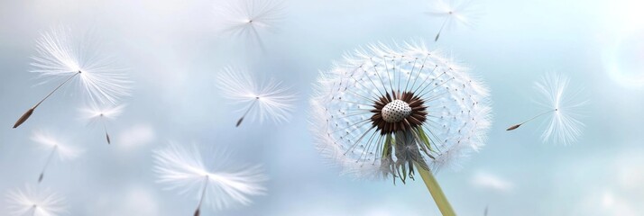 Obraz premium Close-up dandelion its seeds blowing wind background light white