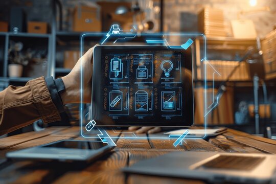 Businessman using digital tablet to check progress on customer survey and questionnaire for evaluating vendor supplier industrial management system