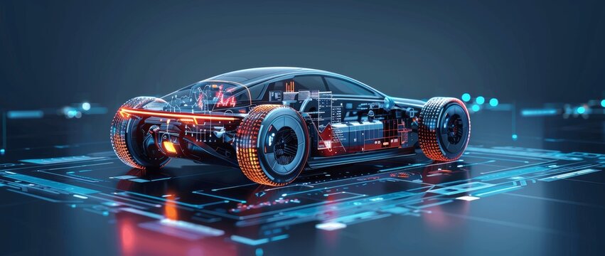 futuristic high performance electric car chassis and battery showcase