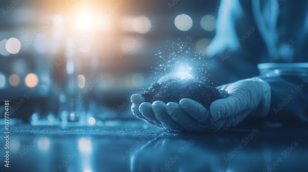Poster a scientist holds a glowing substance in a lab, showcasing innovation and discovery amidst a backdro