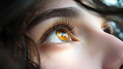 A close-up of a person's eyes focused on a tiny, fuzzy object in the distance, symbolizing myopia
