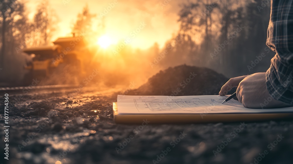 Poster a worker sketches plans on a notepad at a construction site during sunset, with machinery in the bac