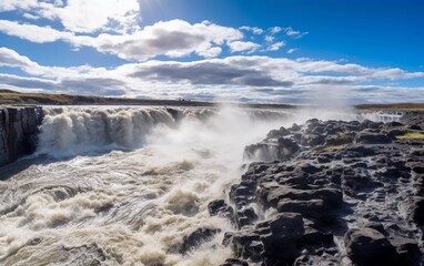 Obraz premium A stunning waterfall cascades over rocky terrain under a bright blue sky with fluffy clouds.