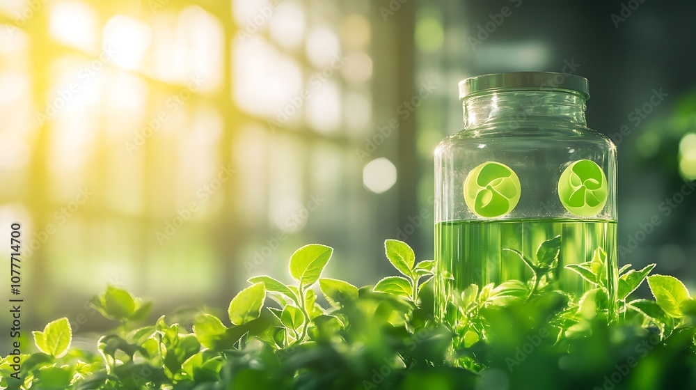 Poster a serene image of a glass jar filled with green liquid, surrounded by vibrant leaves, illuminated by