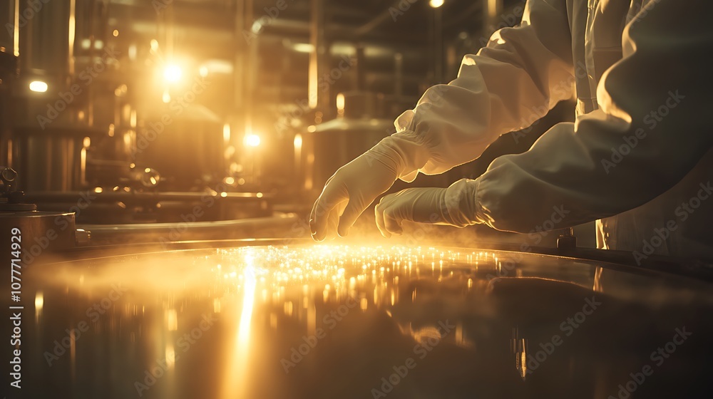 Leinwandbilder a close-up of gloved hands working with luminous materials on a surface, illuminated by warm light i