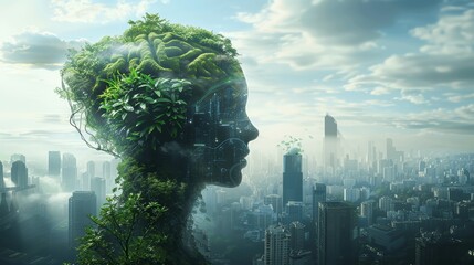 Eco-friendly futuristic cityscape with greenery on human head, energy and air source through brain, tech concept for sustainable urban community and green future