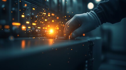 A hand adjusts a control panel, surrounded by glowing lights and sparks, highlighting a dynamic interaction with technology.