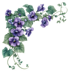 Beautiful purple violets with lush green leaves create delicate floral arrangement, perfect for adding touch of nature to any design. intricate details and vibrant colors evoke sense of tranquility