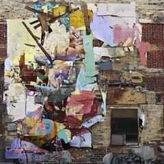 Fototapeta premium Massive Mural on Old Brick Building Blending Abstract Art and Realistic Elements