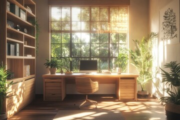 A modern home office with a large window, wooden desk, and plants, with natural light streaming in.