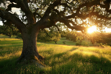 Fototapeta premium Sunlight streams through the branches of a large oak tree, casting long shadows on the lush green meadow at sunset, creating a serene and peaceful atmosphere.