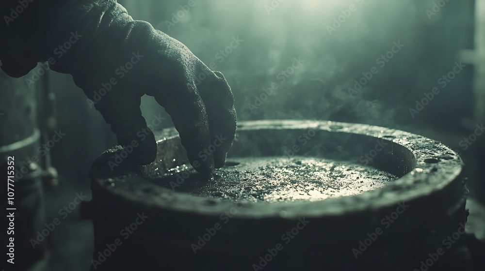 Poster a hand in a glove moves over a surface filled with grains, surrounded by a hazy atmosphere, conveyin
