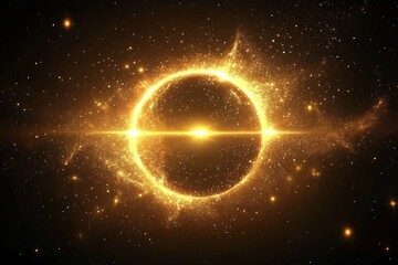 Digital illustration bright yellow circle center black background gold light frame