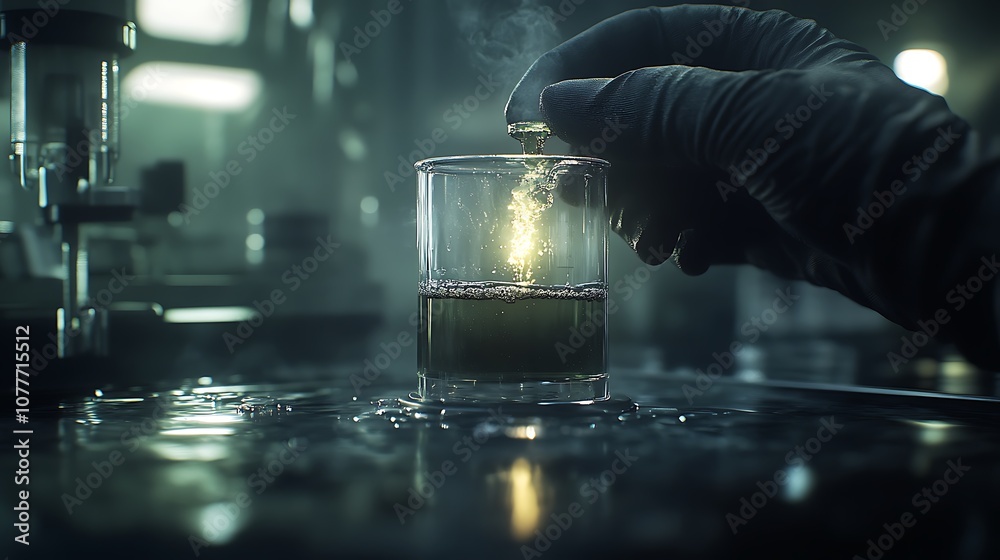 Poster a hand in a glove drops a glowing substance into a dark liquid-filled glass, creating a mystifying a