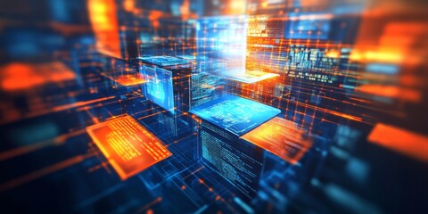 Futuristic cityscape multiple computer screens floating air are Abstract network grid