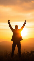 Fototapeta premium man in suit celebrates sunset with raised arms, symbolizing success and achievement. warm glow of sun enhances emotional impact of moment