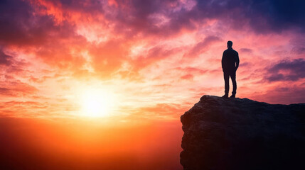 Fototapeta premium person standing on rock at sunset, silhouetted against colorful sky. vibrant hues of orange, pink, and purple create dramatic backdrop