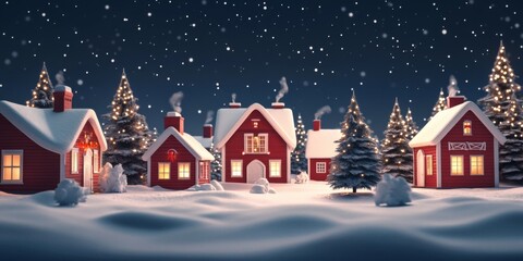 Fototapeta premium Night scene snowy village sky dark blue small Christmas winter fairy