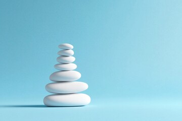 Obraz premium Stack white pebbles arranged pyramid-like structure light blue sea pebble