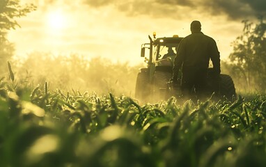 Obraz premium A farmer stands next to a tractor in a sunlit field, surrounded by lush greenery and mist, capturing the essence of agricultural life at dawn.