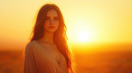 Fototapeta premium young woman with long hair stands against vibrant sunset, radiating warmth and serenity. golden hues create dreamy atmosphere