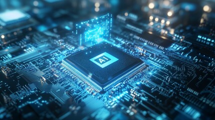 Fototapeta premium High-Resolution 3D Illustration of AI Chip with Holographic Text in Blue Color Scheme, Featuring Advanced Technology Elements and Cinematic Style for Futuristic Tech Design