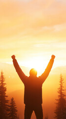 Fototapeta premium person celebrating at sunrise, arms raised in triumph against scenic backdrop of mountains and trees. warm glow of sun creates sense of joy and achievement
