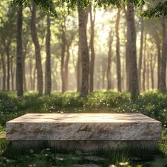 Stone be like podium background forest field for product presentation sunny weather beauty scene.generative ai