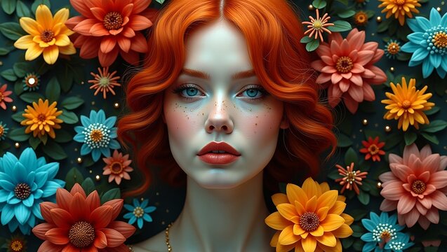 portrait of a woman with a wreath of flowers  woman's face surrounded by an array of vibrant and diverse plants and flowers