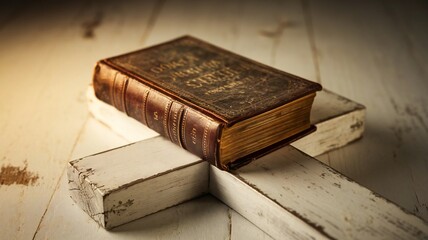 Low Light Photography of a Wooden Cross and Opened  Bible Symbolizing Faith and Religion, Isolated on White Background for Christian Holiday and Spiritual Reflections 