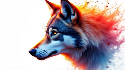 a vibrant painting a close-up of a wolf's head bright paint splashes thrown
