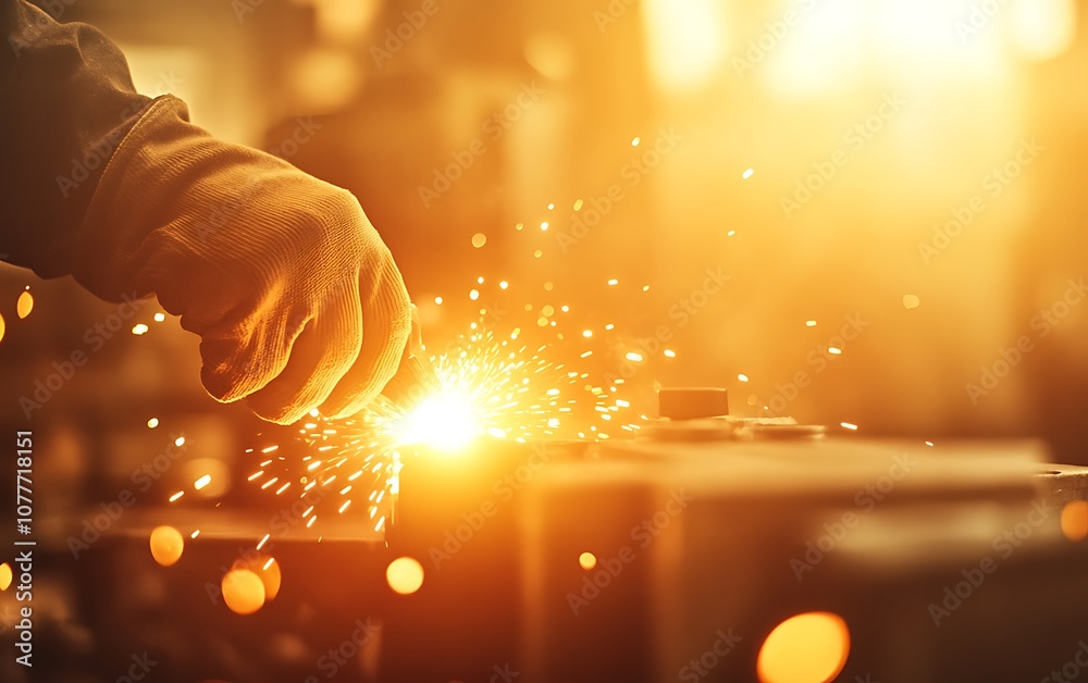Aufkleber A worker's hand sparks as it hammers metal in a warm, glowing workshop filled with light and the essence of craftsmanship.