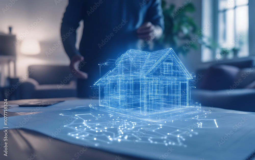 Poster a modern digital representation of a house projected over architectural plans, symbolizing innovatio