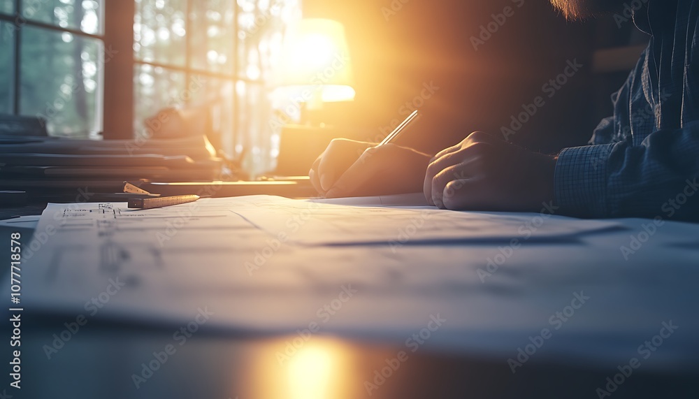 Poster A warm, sunlit workspace with hands writing notes on paper, surrounded by books, creating a peaceful and focused atmosphere.