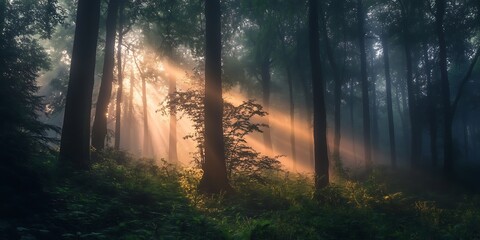 Golden Sunlight Rays Streaming Through Foggy Forest