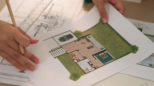Professional engineer pointing focusing house design holding architectural equipment on meeting table with building blueprint scatter around at modern office. Focus on hand. Closeup. Delineation.
