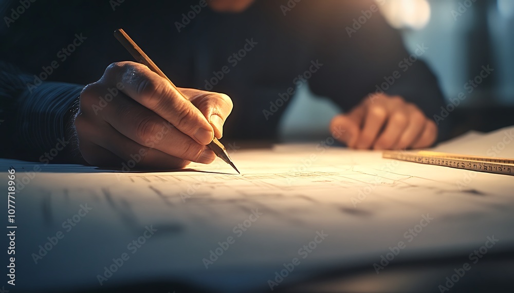 Poster a close-up of a hand writing with a pencil on paper, showcasing creativity and focus in a dimly lit 