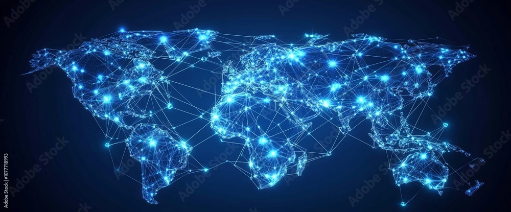 Aufkleber A world map with glowing points and lines creating a network, representing global connection and communication.